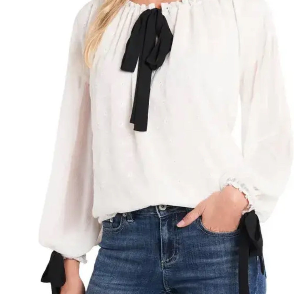 Romantic Cece Tie Neck and Sleeve Eyelet Blouse